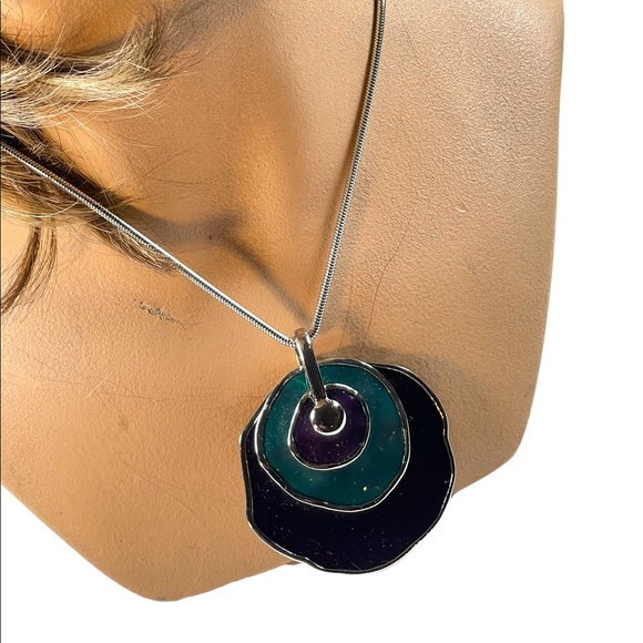 Vintage 1980s Silver finish Purple & teal abstract disk chunky necklace - Picture 1 of 12